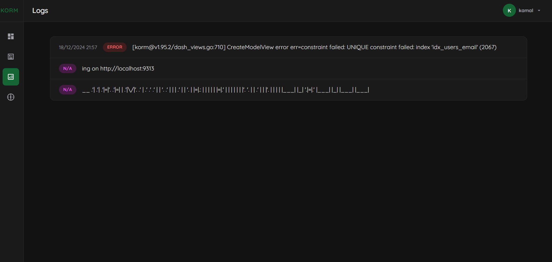 KORM Dashboard - Real-time Logs