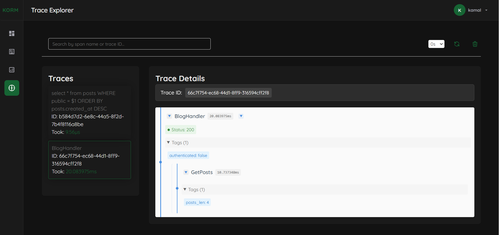 KORM Dashboard - Handler Tracing