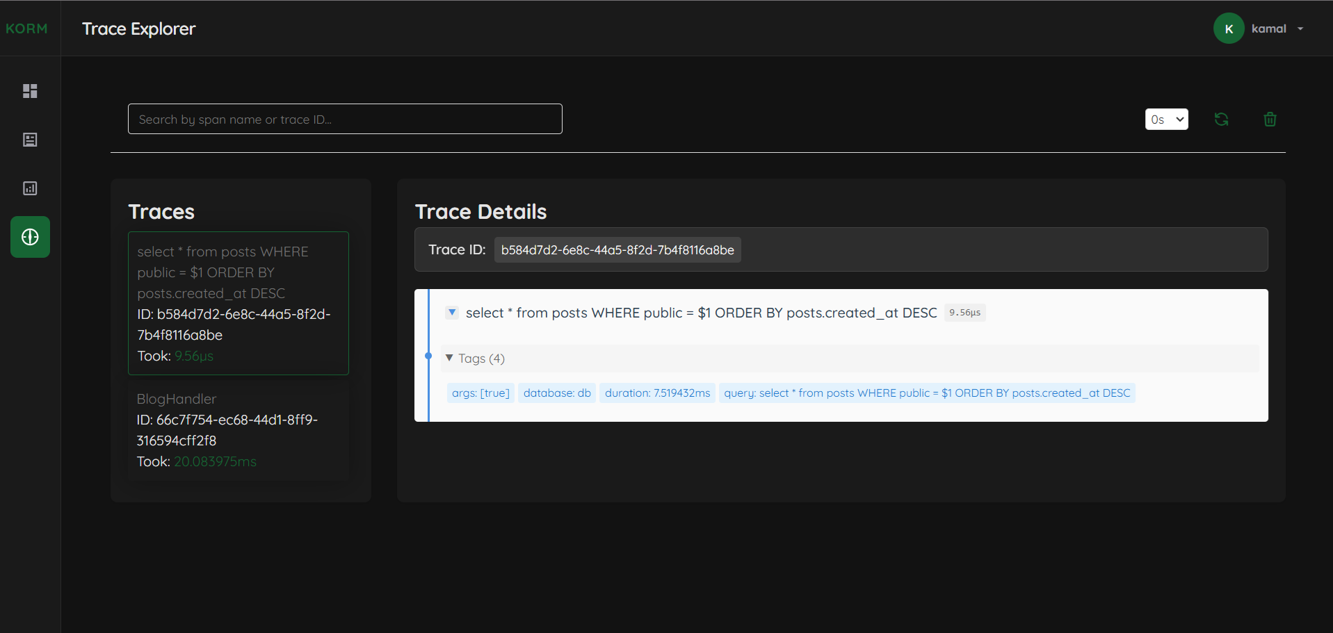 KORM Dashboard - SQL Query Tracing